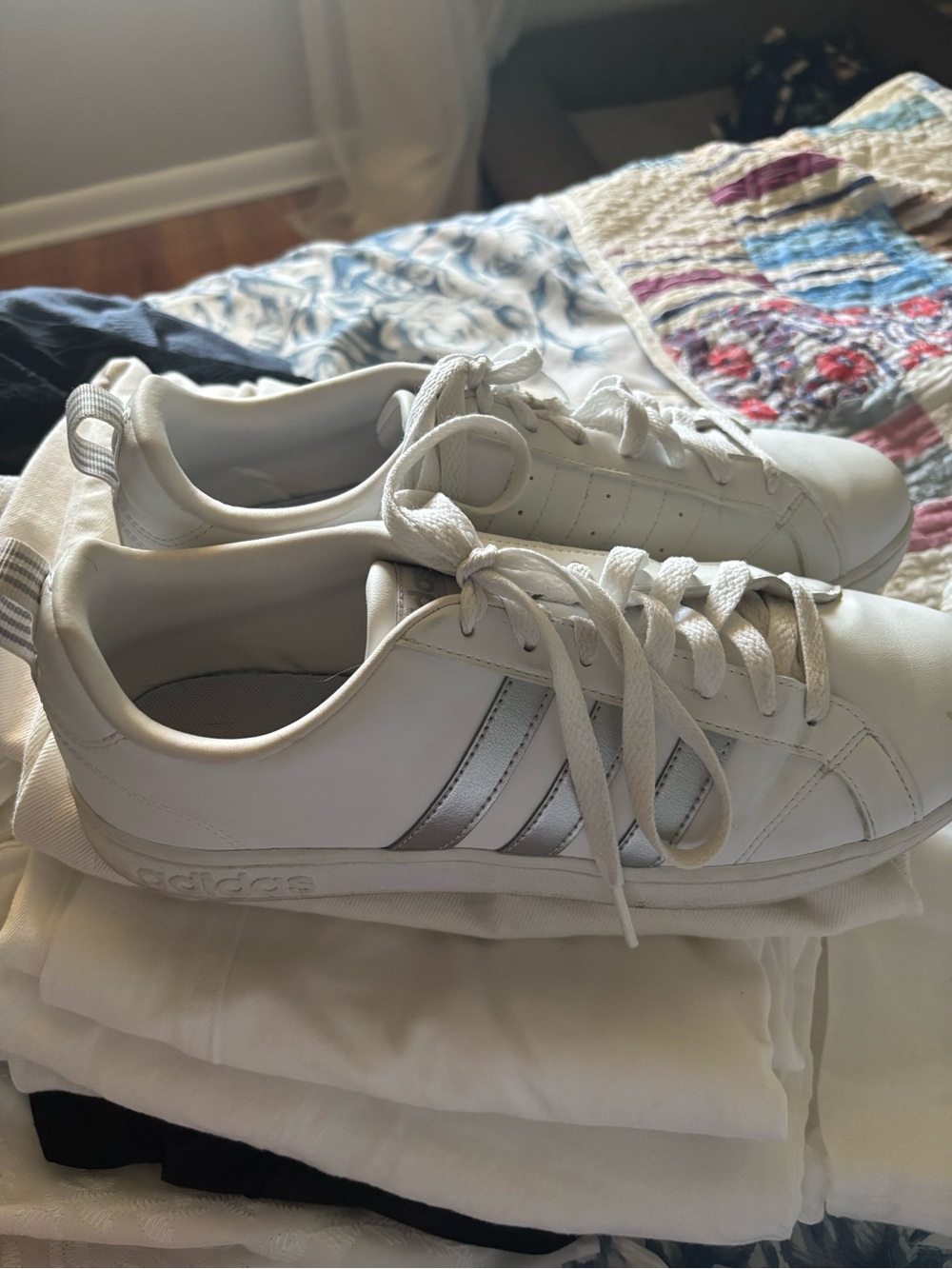 adidas White Sneakers with Silver Three-Stripes